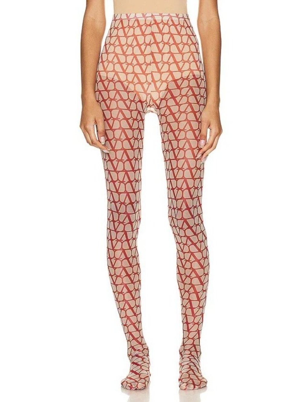 NWT Valentino Beige & Red Iconographe Tights Logo Sz L-XL
